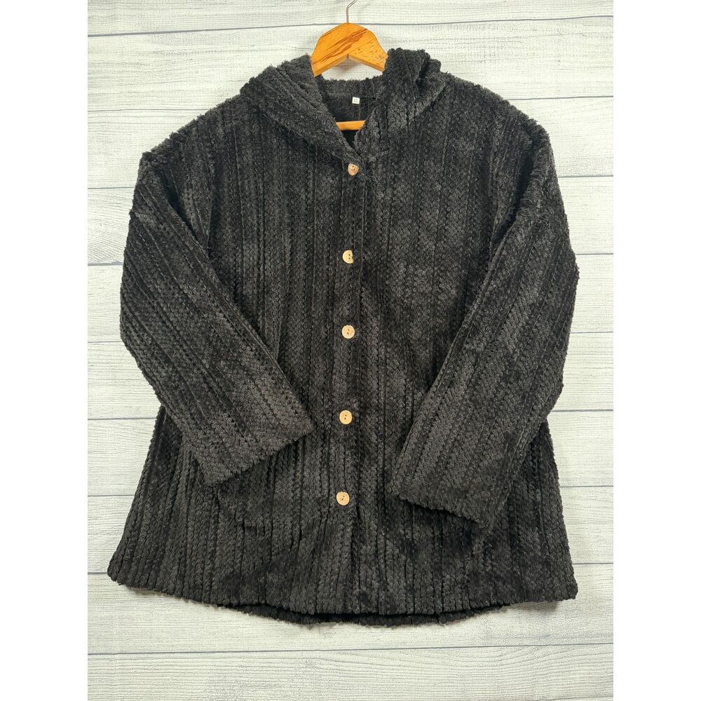 Dark Brown XL Chenille-Like Plush Hooded Button Front Cardigan Pockets 4293